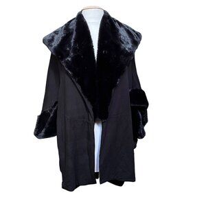 Capote Black Knit Faux Fur Collar Cuff Jersey Lightweight Coat Maximalist Medium